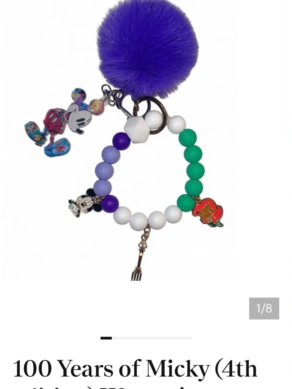 Disney Purple Pom Pom Beaded Keychain Bracelet with Charms